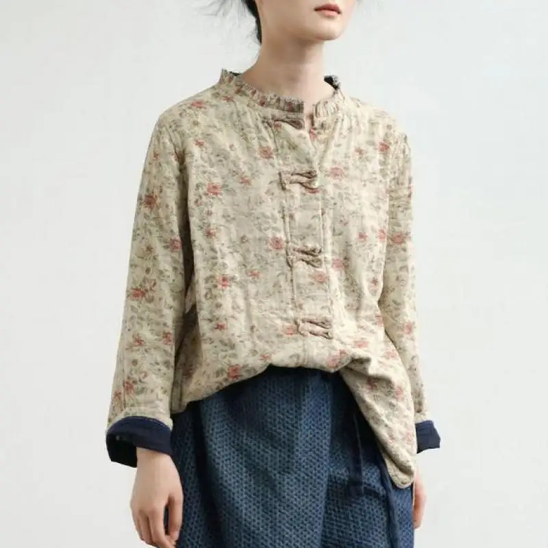 

Original Design Women Long Sleeve Loose Casual Shirts Vintage Floral Print Single Breasted Cotton Linen Blouse High Quality B089