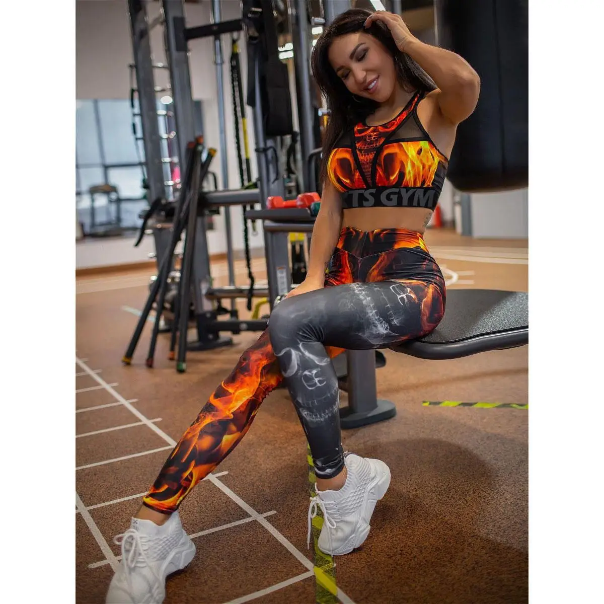 Fashionable Flame Printed Mesh Split Style Tight Pants Sports Suit Yoga Bra Legging Gym Sets Womens Outfits 2pcs Set Tracksuit customise your logo women jogging suit fashion 2pcs outfits womens tracksuit casual sport shirt hoodie pantssuit