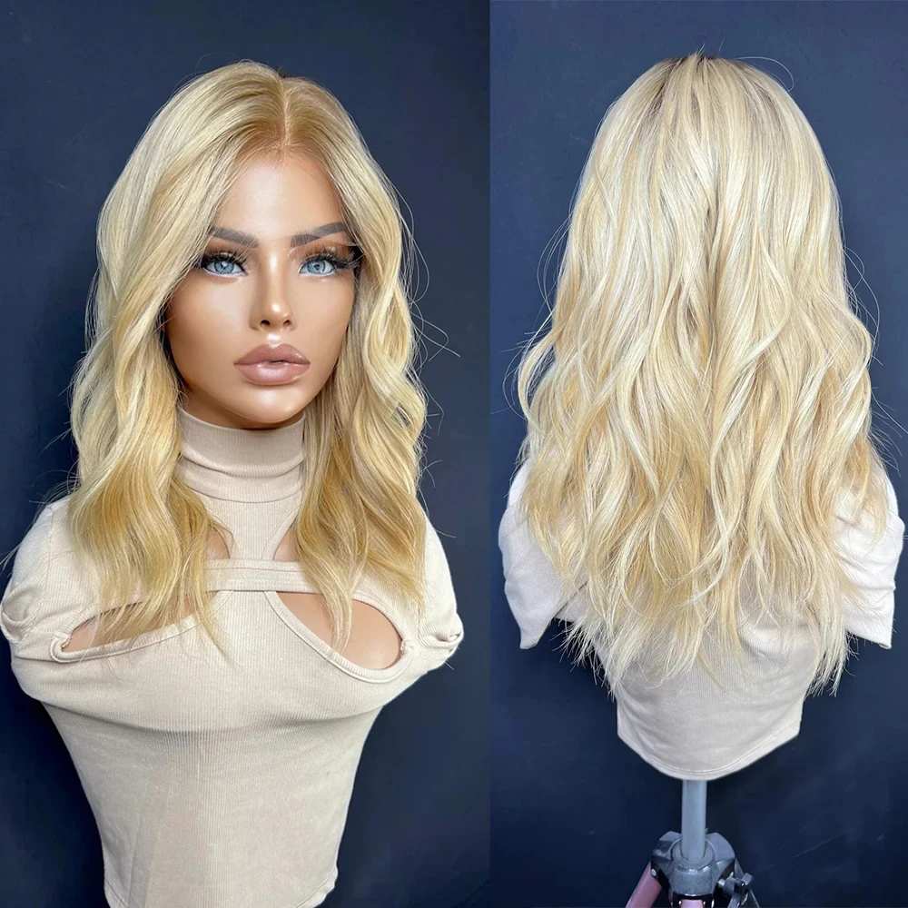 Shoulder Length Virgin Brazilian Human Hair Wigs Warm Blonde Highlights Natural Wave HD Lace Wig 13x6 Glueless Frontal Wig 180%