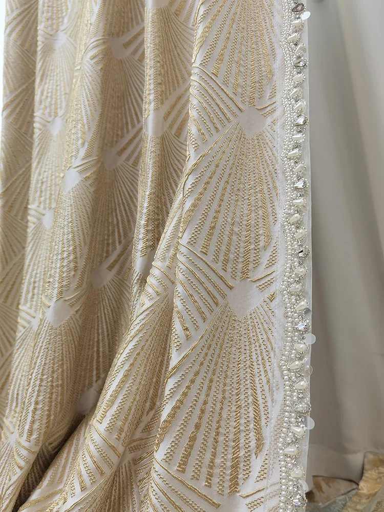 Customized Beige Fan Relief Pearl Lace Splicing Curtains for Living Room Bedroom French Window Balcony Villa Finished Products