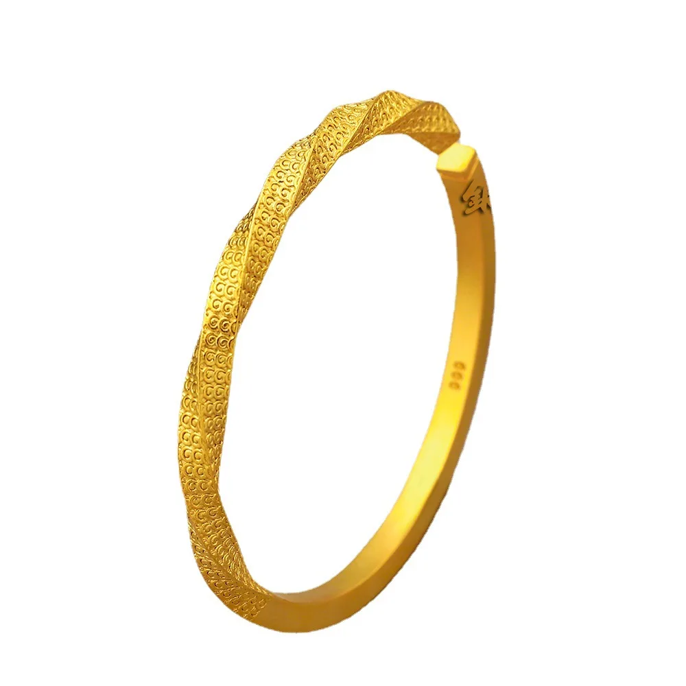 

Women's 24K Gold AU999 Ancient-Style Square Cloud & Twisted Open Bracelet Vine-wrapped with shell inlay, fresh for casual looks