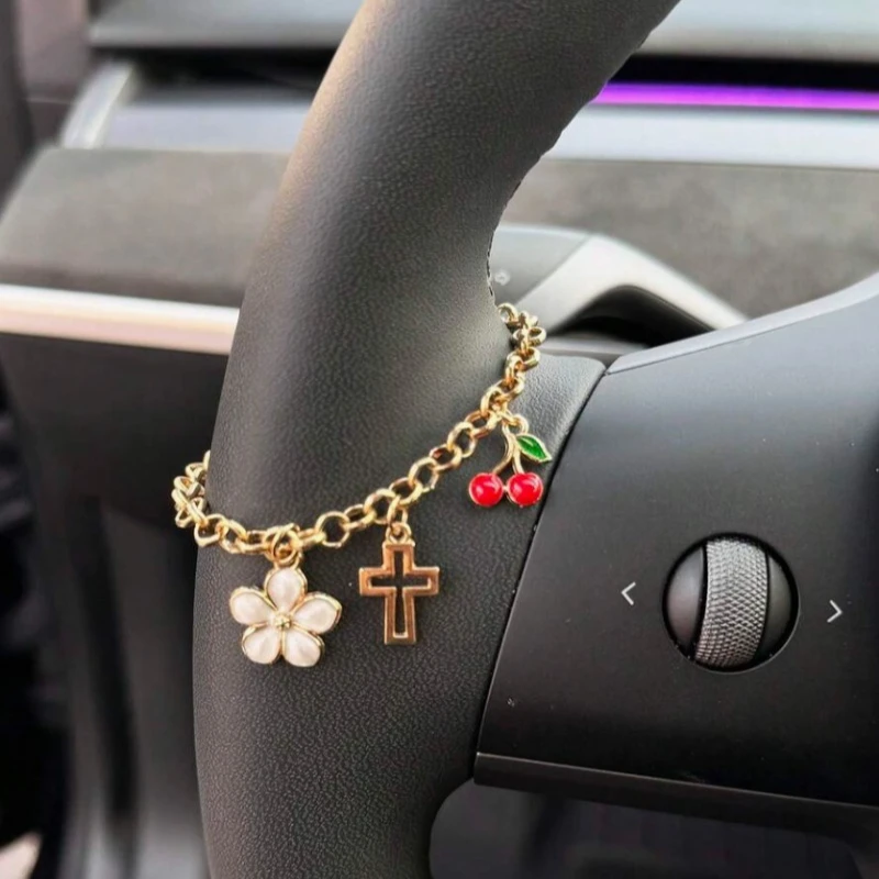 Elegant Pearl Cross Cherry Car Hanging Accessories Cute Steering Wheel&Rearview Mirror Pendant for Women Safe Driving Decoration