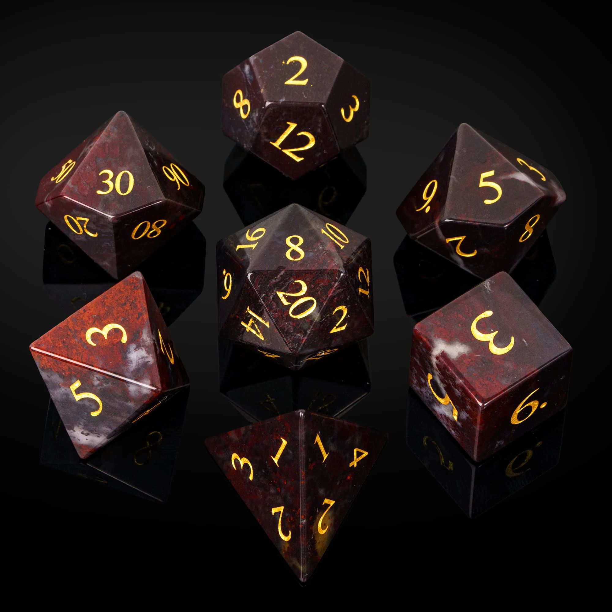 Cusdie 7Pcs Bloodstone Dice DND, Handmade 16mm D4-D20 Polyhedral Dice Set with Leather Box, for Collection Role Playing Game