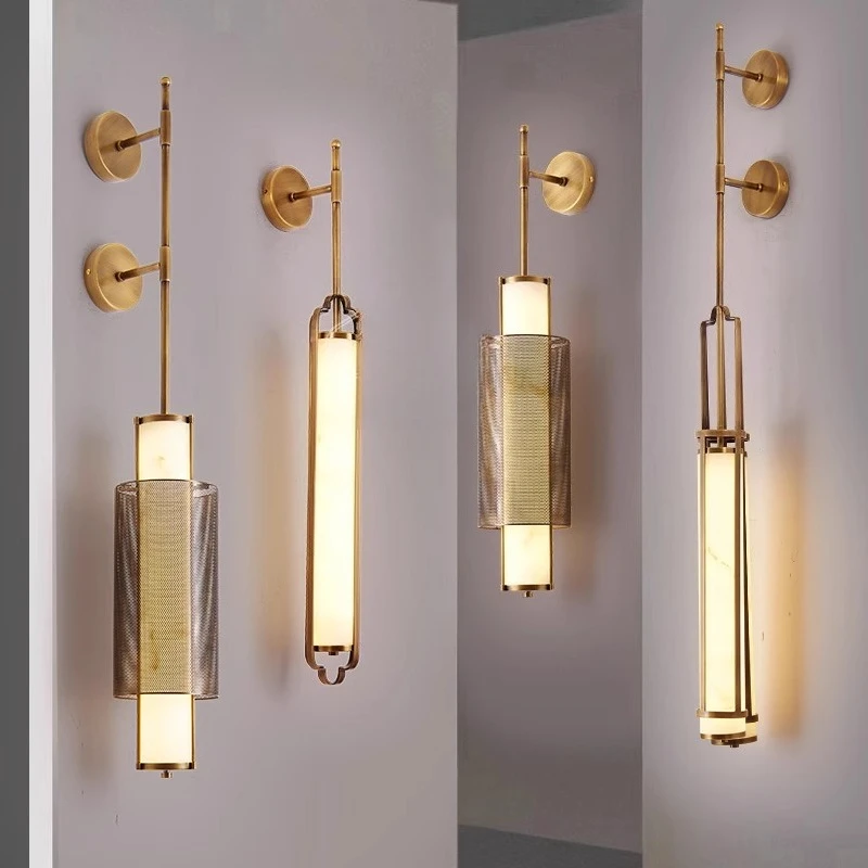 

New Chinese style wall lamp All copper marble background wall lamp Designer engineering villa hotel lobby corridor aisle