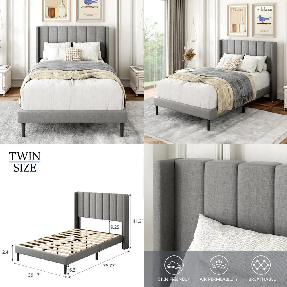 

Durable Wooden Twin Bed Frames with Wingback Headboard, Upholstered Platform Design, No Box Spring Required, Sturdy Slat Support