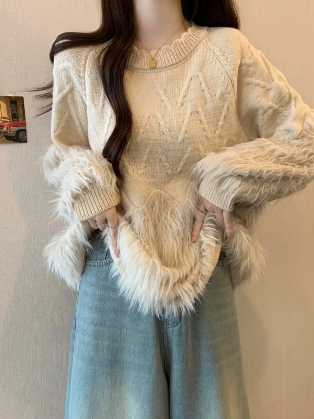 Lazy Wind Mink Hair Patchwork Tassel Sweater Women Spring and Autumn Large Size Slim European Goods Pretty Knit Sweater