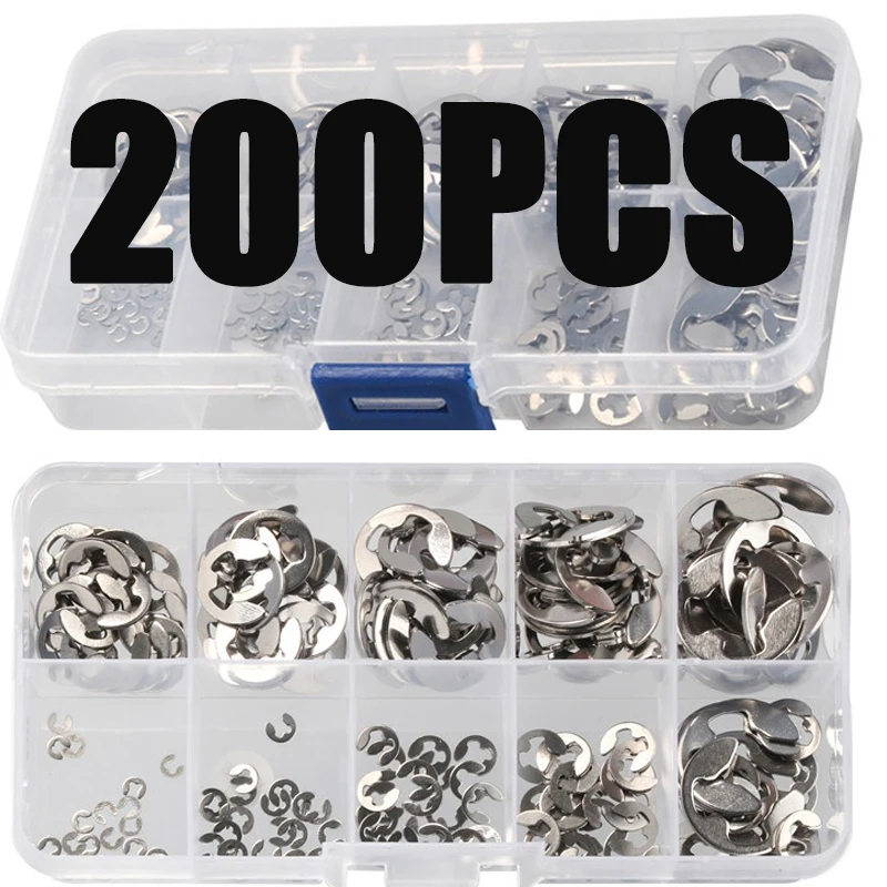 200Pcs 304 Rvs Rvs E Clip Washer Assortiment Kit Borgring Borgring Voor As Fastener 1.5-10 Mm