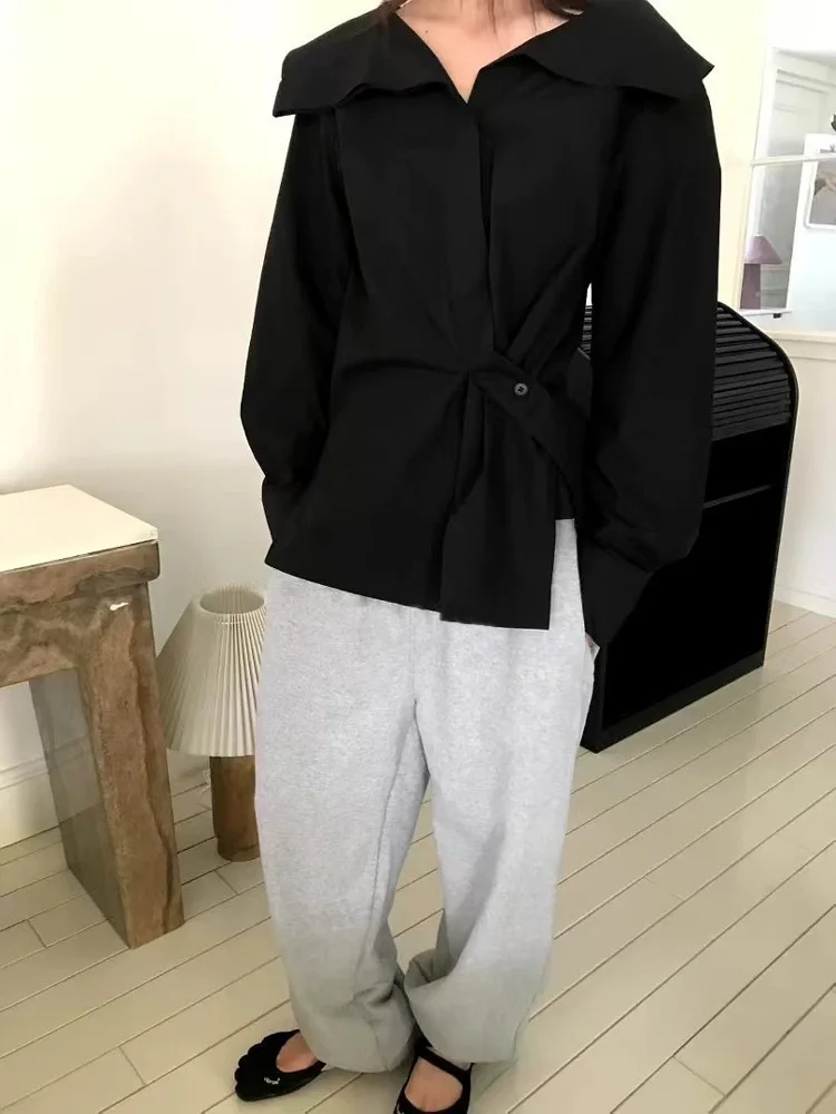   حزام نسائي فضفاض طويل Sve irt بياقة كبيرة وأزرق من Qui للتنقل جدًا وزر إغلاق بلون نقي