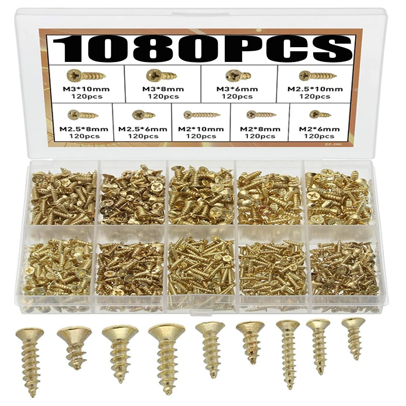 

1080pcs Small Screw Flat Head Cross Wood Screws Self Tapping Screw Dssortment Cabinet Multifunctional Fasteners Screw Set Gold