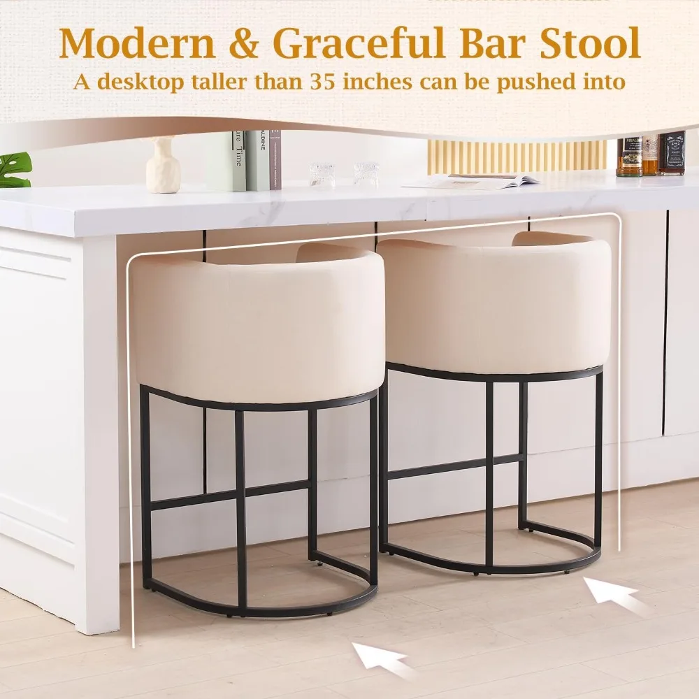 26"H Counter Height Bar Stools Set of 4, Modern Barrel Counter Stools with Backrest and Arms, Black Metal Frames.