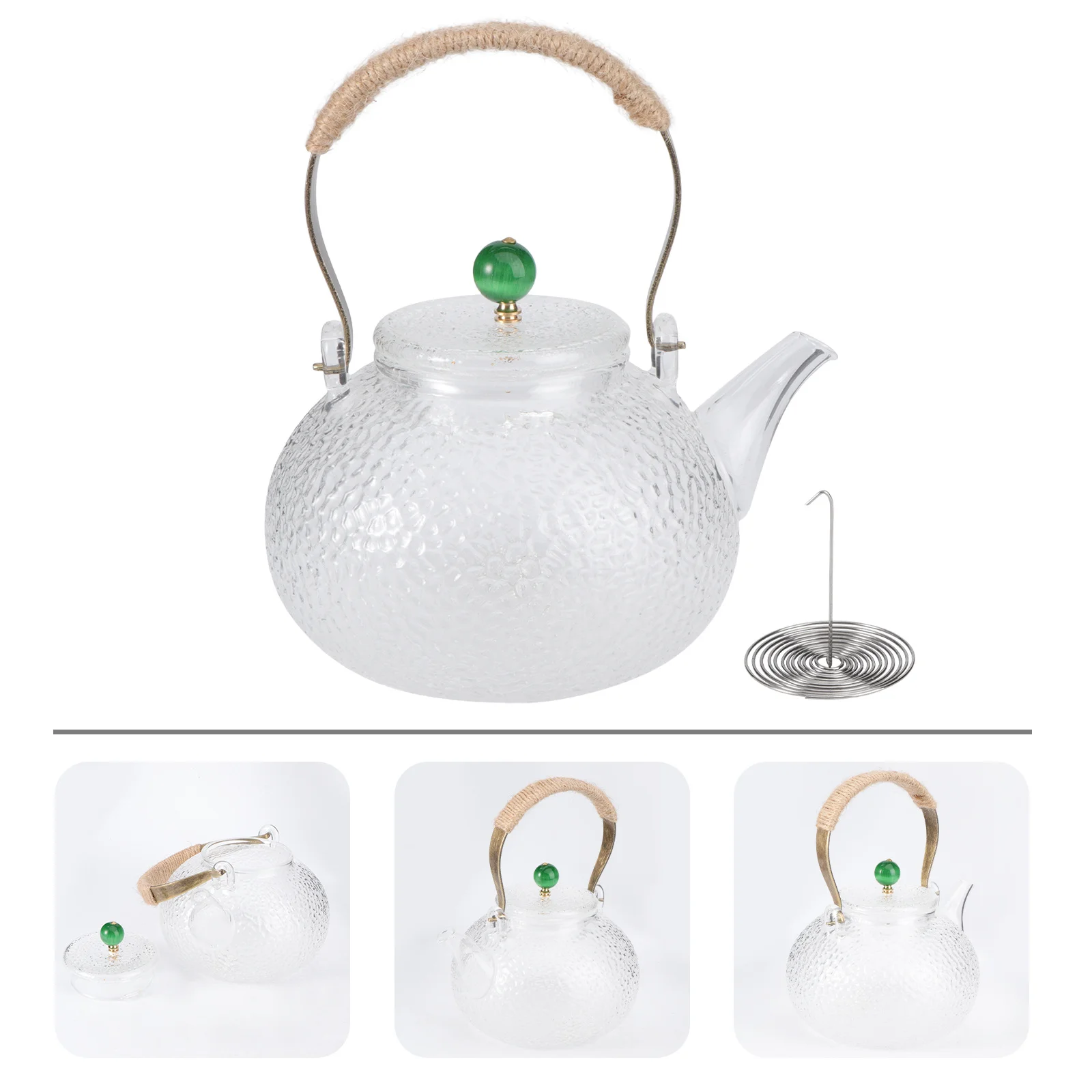 

1Pcs Hammered Copper Handle Teapot 1200Ml Green Bead Lid Handmade High Borosilicate Glass Steaming Tea Pot for Office Family