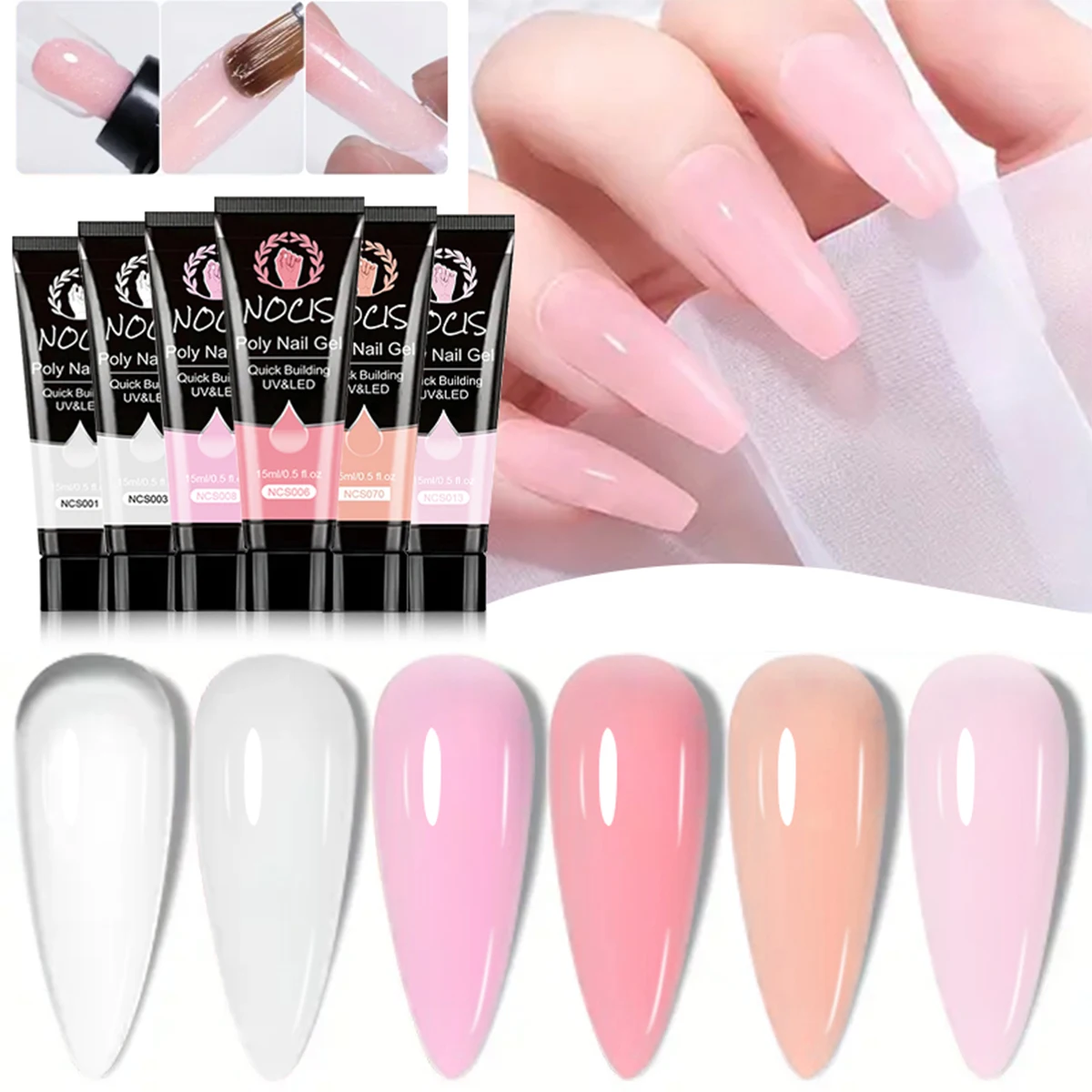 NOCIS Gel de Uñas Hipoalergénico de 6 Colores - Gel Constructor Rápido Removible / Esmalte de Gel LED Fácil de Usar en Botella con Forma de Pasta de Dientes