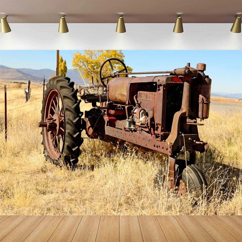 Old Tractor Photography Backdrop Western Farm Rust-Eaten Tricycle Background For Pictures Kids Adults Photo Booth Shoot Studio