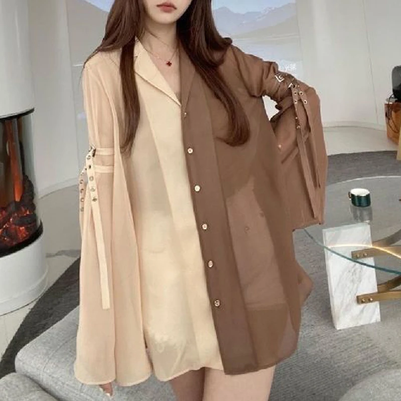 Women Y2K Contrast Color Patchwork Sexy Sheer Vintage Shirts Trendy Harajuku Streetwear Oversized Blouse Simple Long Sleeve Tops