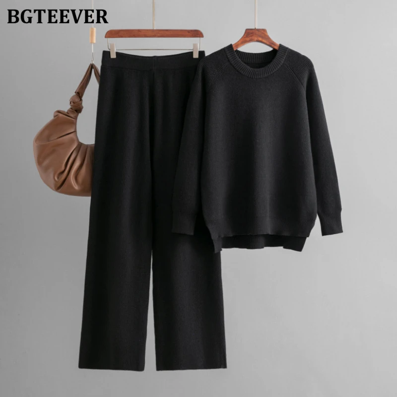 BGTEEVER Winter Warm Female 2 Pieces Sweater Set O-neck Long Sleeve Knitted Pullovers Women Knitting Trousers Suits