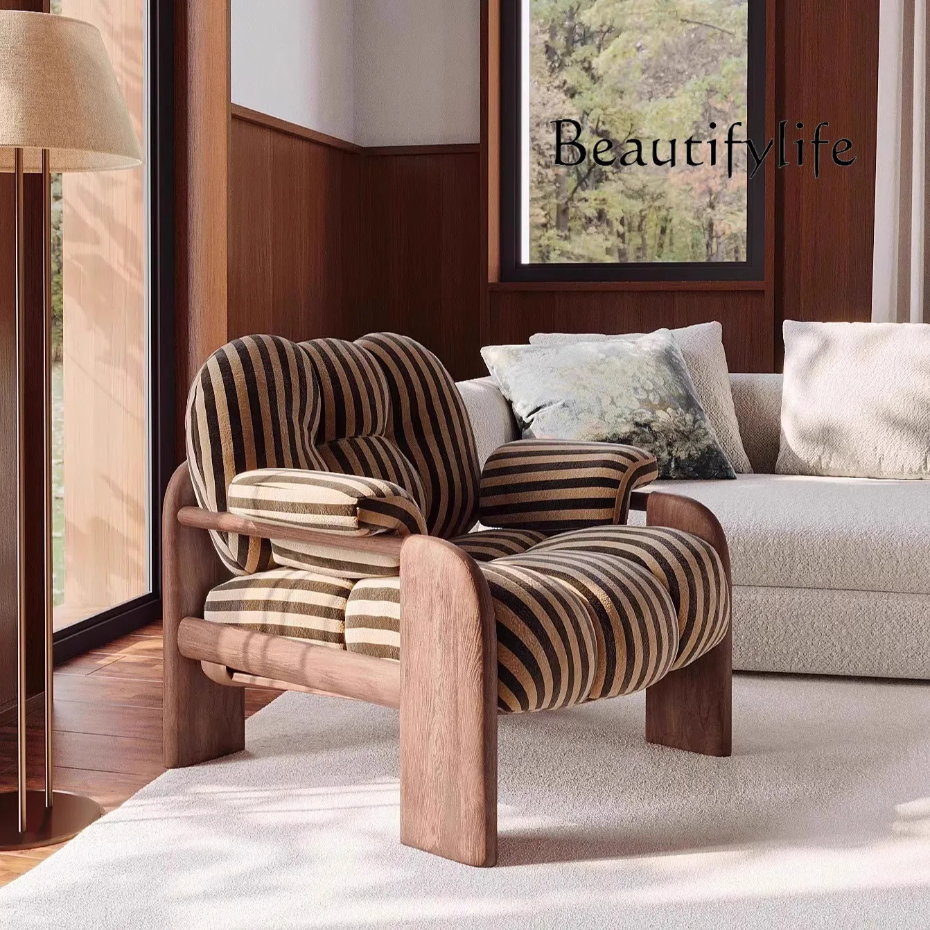 Einzelstuhl im mittelalterlichen Stil, Designer-Stuhl aus Walnussholz, Freizeit-Wohnzimmer, Sofa, Rückenlehne, Wabi Sandy Wind, Massivholz, Einzelsofa