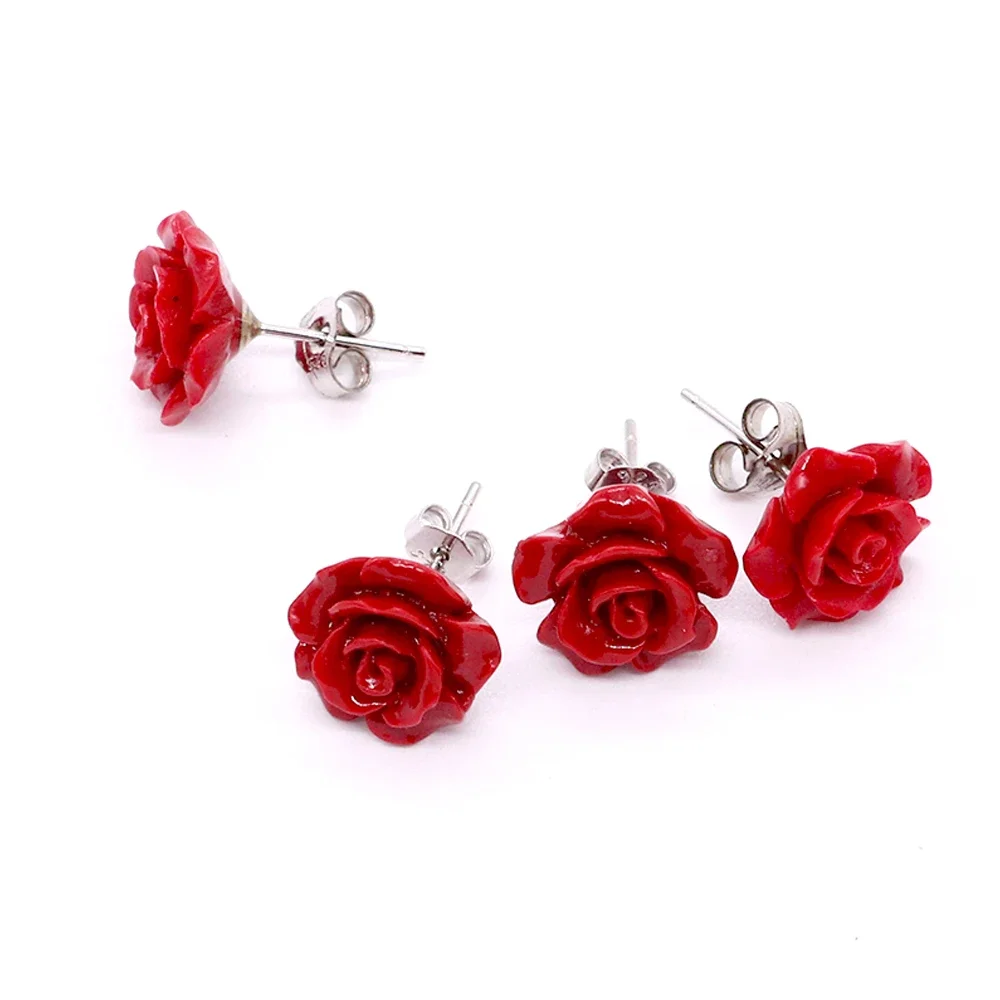 Red Coral Earrings Rose Stainless Steel Earrings Natural Sea Bamboo Coral Stud Earrings for Women Engagement Wedding Jewelry