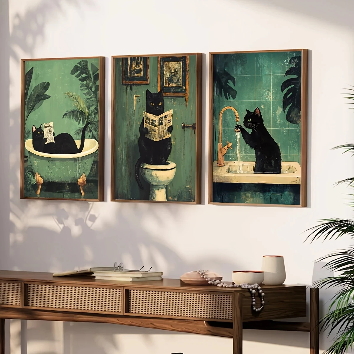 

3pcs/Set Interesting Bathroom Black Cat Wall Art Retro Animal Posters Interior Decoration, Modern Home Room Decoration Paintings