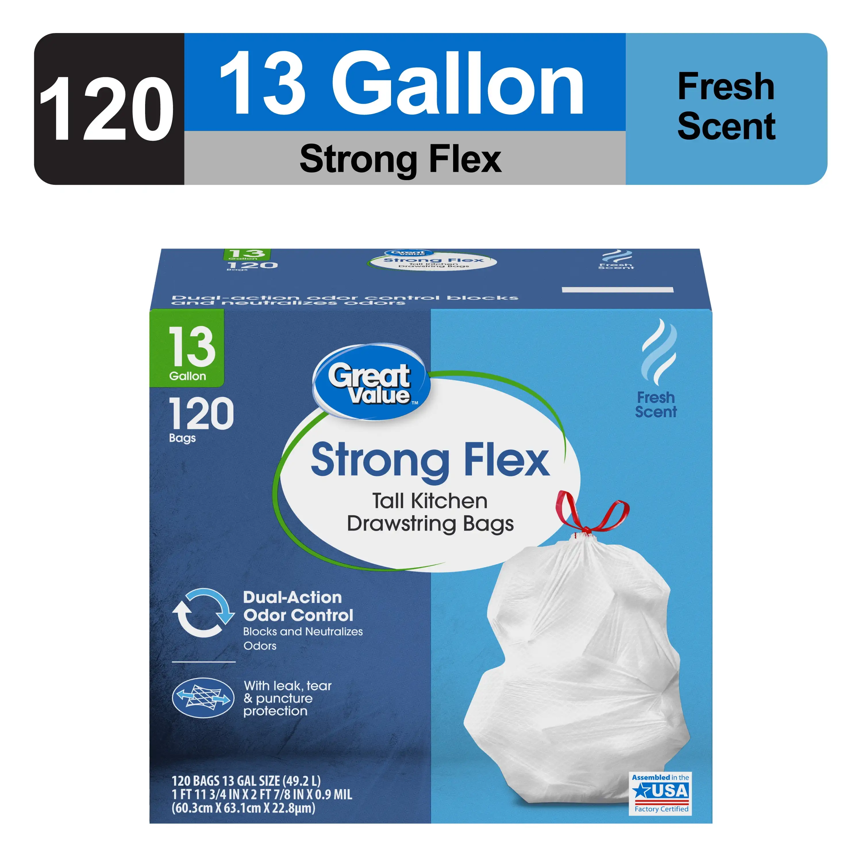 

Strong Flex 13-Gallon Drawstring Tall Kitchen Trash Bags, Fresh Scent, 120 Bags Tear resistant garbage bag durable