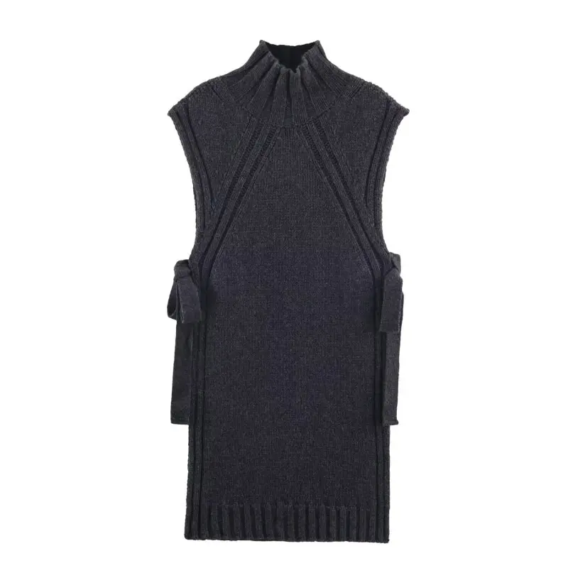 

High-Necked Lady Sleeveless Knitted Vest Simple Dark Grey Soft Chic Female Knitwear Sweater Fashion Pullover Vest Streetwear