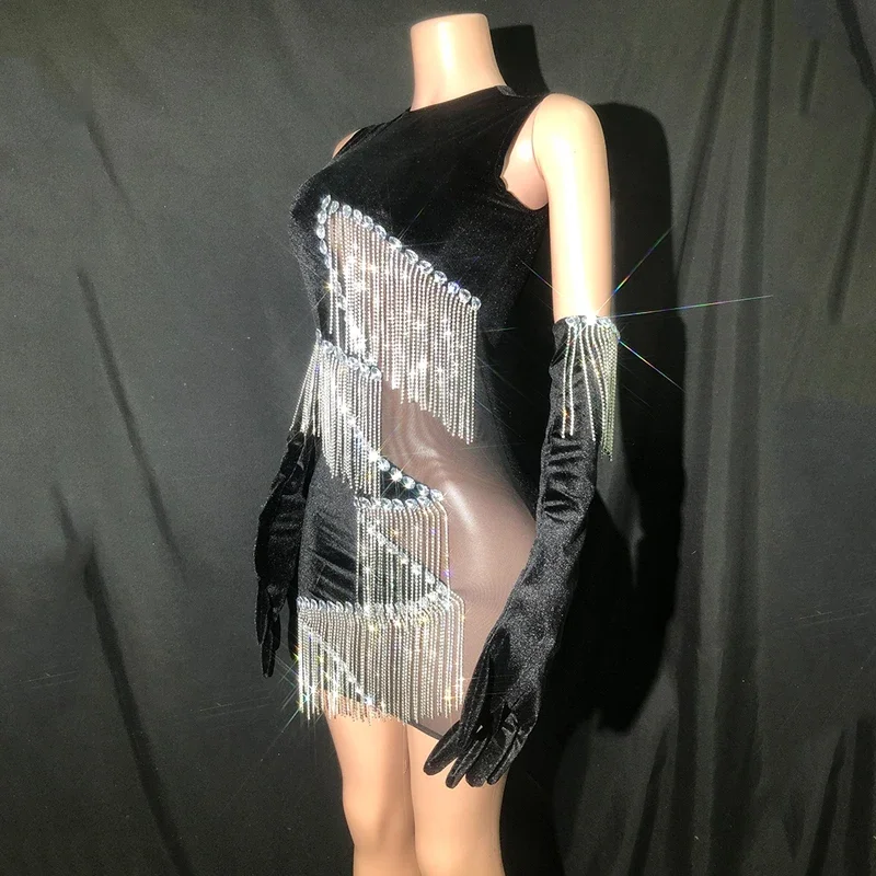 Velvet Mesh Patchwork Tassel Dress Women Birthday Celebrate Costume Party Prom Evening Dresses Stage Performance Wear XS7402