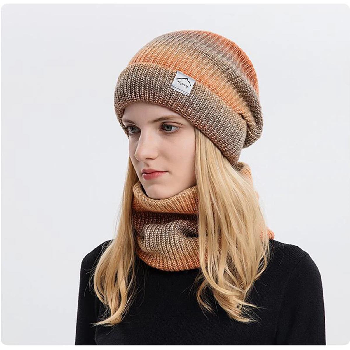 Set Topi Rajut Wanita OVTRB untuk Musim Dingin, Penghangat Leher, Set Topi Beanie Warna Gradasi, Set Syal, Topi Rajut Hangat, Topi Skull untuk Olahraga Luar Ruangan