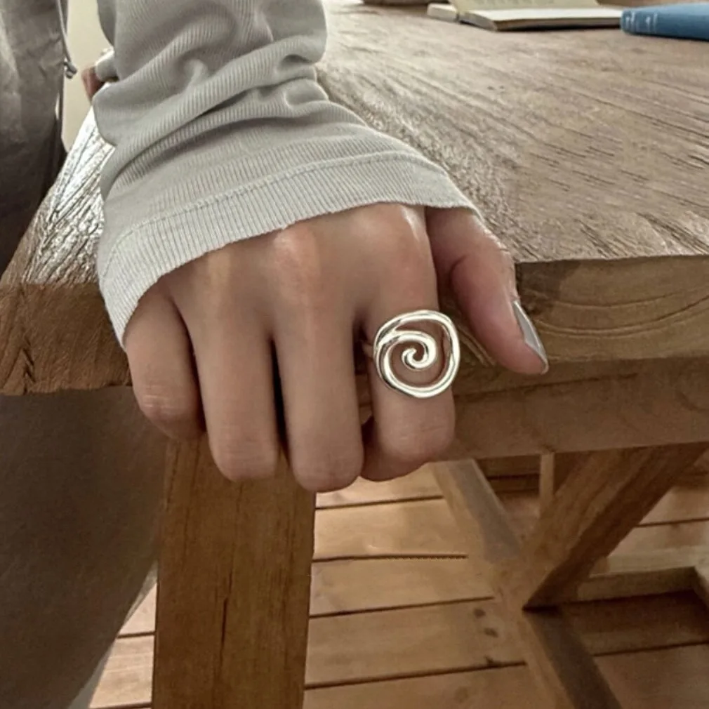 Punk Vintage Metal Silver Color Spiral Vortex Geometry Open Ring For Women Unisex Fashion 2026 Y2K Cool Harajuku Jewelry
