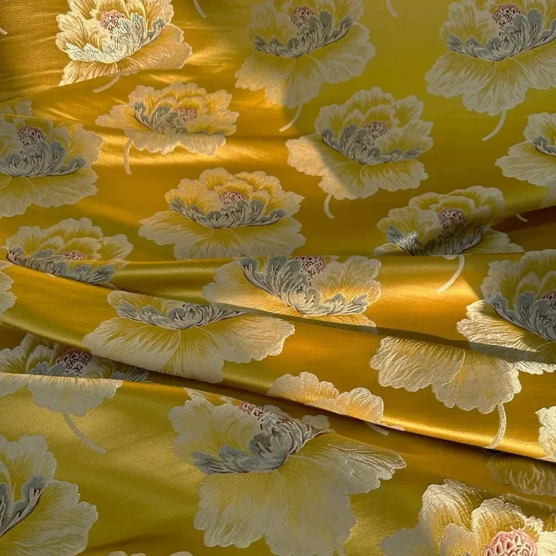 Vintage Golden Peony Jacquard Satin Fabric Woven Brocade Material for Qipao Waistcoat Dress Sewing  DIY Home Decoration