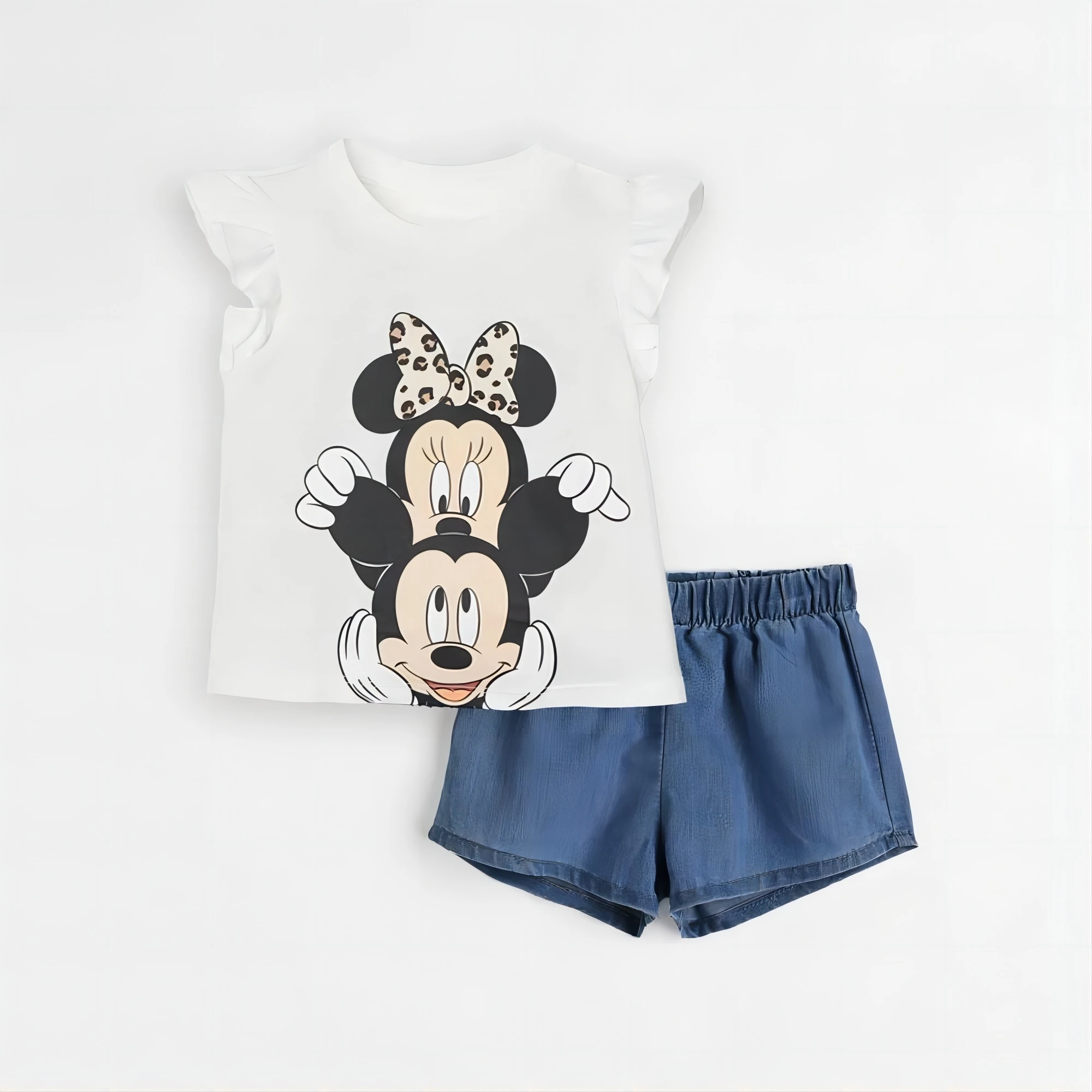 

2024 Summer Children's Clothing Girls Disney Cute Cartoon Printed Short Sleeve Tops + Shorts Two Piece Fashion Baby Girls Set