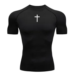 Sports Running T-Shirt Men's Compression Short Sleeve Shirt Bodybuilding Clothing Black Top Quick Drying Gym Workout Sportswear