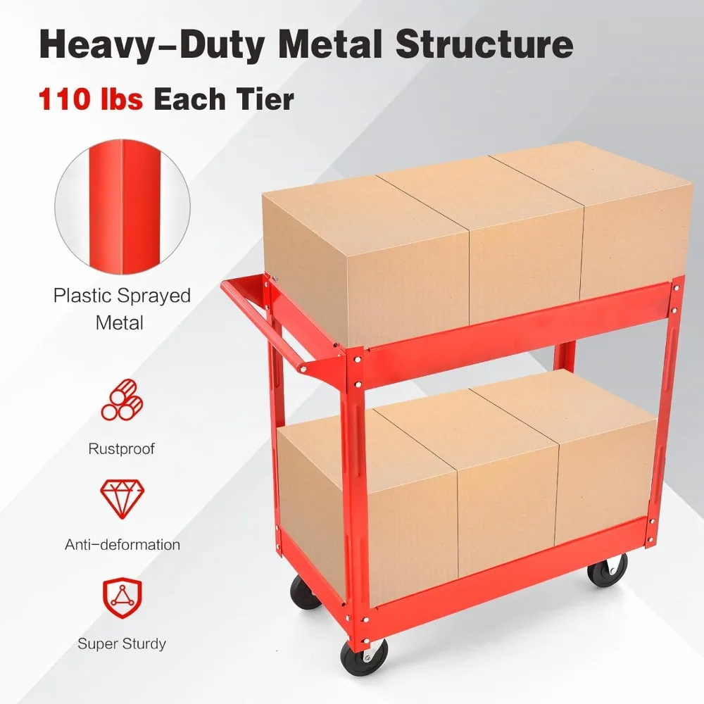 2-Tier Utility Cart, Heavy Duty Commercial Service Tool Cart w/Handle, 220 lbs Max Support, Rolling Mechanic Metal Tool Storage