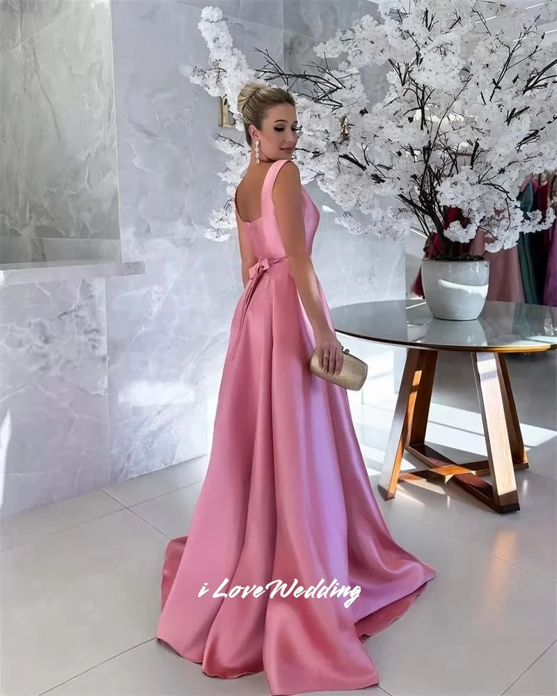 ピンクのスクエアネックプロムドレス2025ノースリーブAラインボウイブニングドレスフロアレングススイープトレインプリーツパーティードレスカスタムメイド