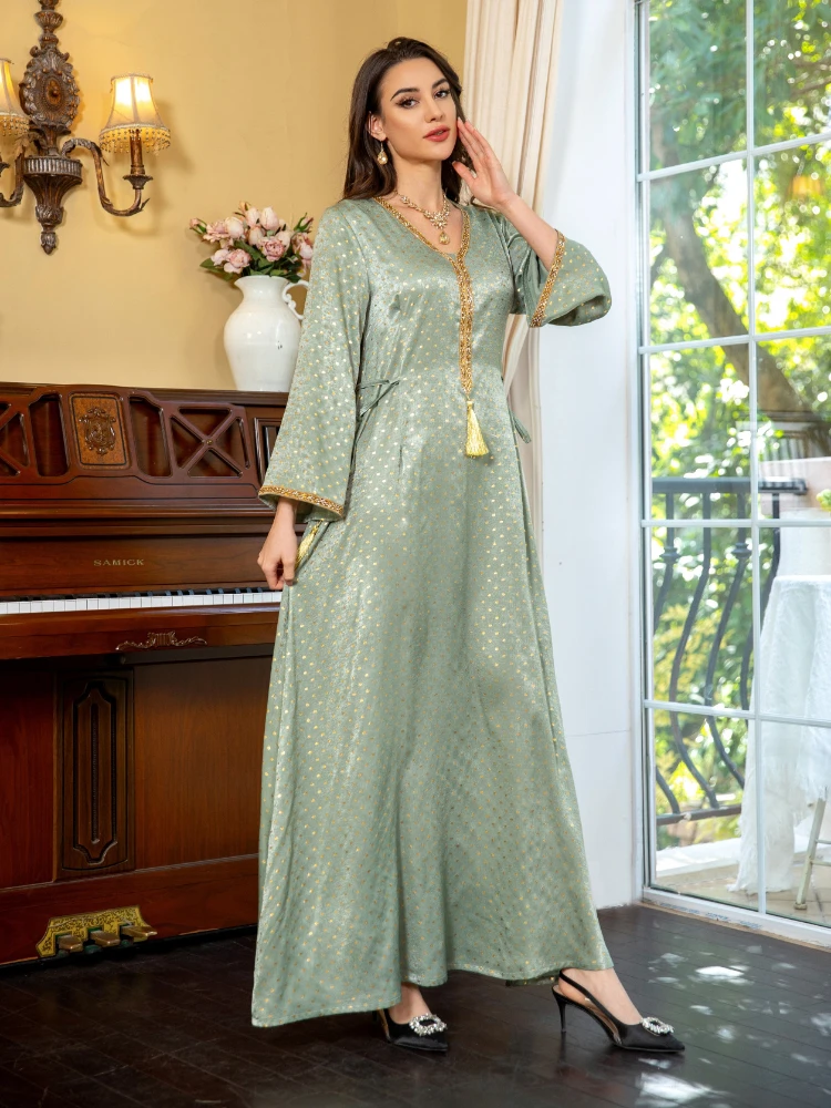 Eid Muslim Dress for Women String Lace Up Maxi Dresses Abaya Slim Fit Party Ramadan Caftan Kaftan Vestidos Largos Dubai Turkey