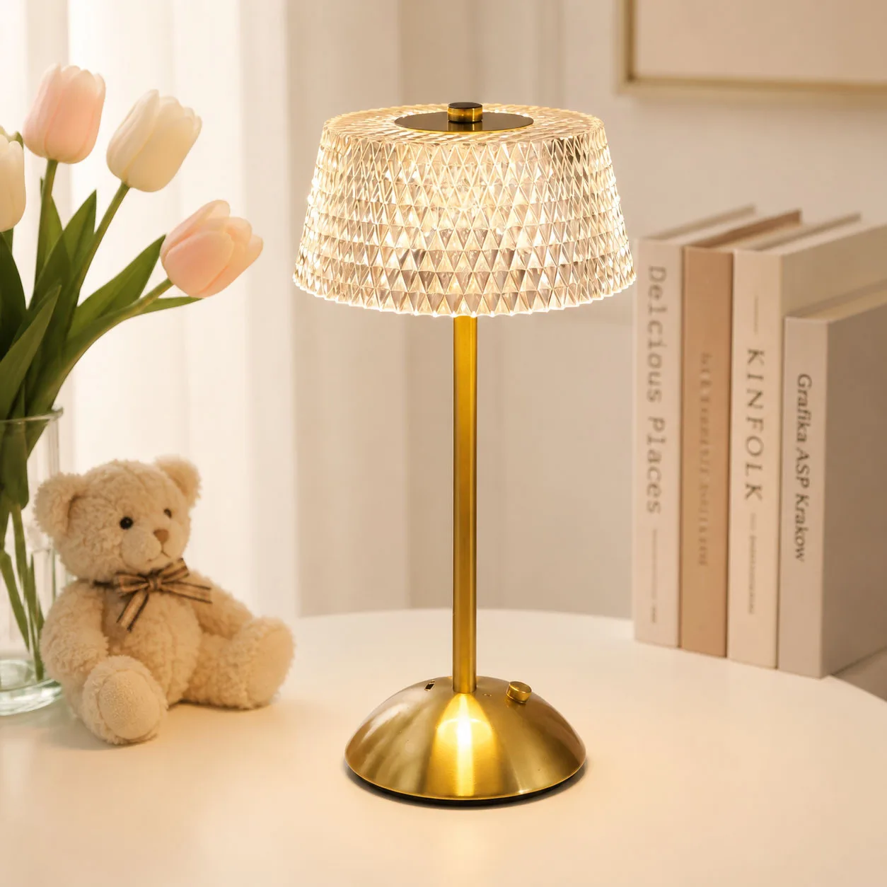 Vintage Ribbed Glass Table Lamp, Metal Base Touch Control Desk Lamp, Warm LED Bedside Night Light for Bedroom Living Room Decor