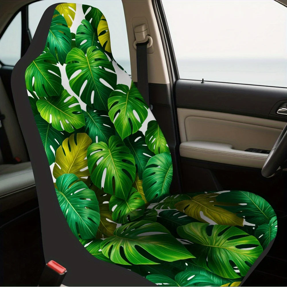 قطعتان من أغطية مقاعد السيارة المطبوعة بأوراق استوائية خضراء - قابلة للغسل، بوليستر متين، مناسب عالمي للسيارات وسيارات الدفع الرباعي والشاحنات - Gre نابضة بالحياة #5