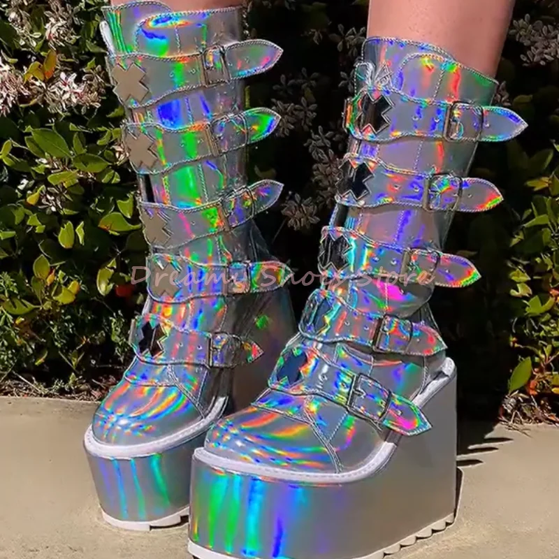 

Sliver Buckle Strap Platform Mid Calf Boots Women Sliver Shiny Back Zipper Chunky Heels Boots Fashion Punk Party Prom Lady Shoes