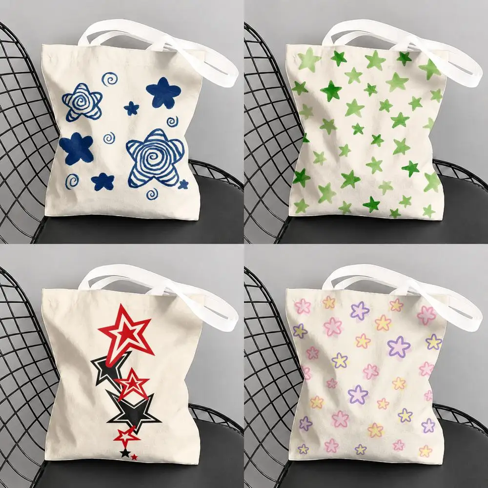 Multicolor Aesthetic Star Storage Bags Canvas Tote Bag Large Capacity Reusable For Shopping Commute Grocery Shoulder Bag Gift
