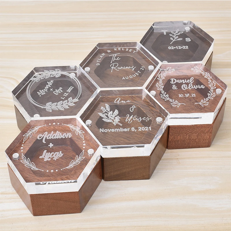 

Transparent Acrylic Box for Wedding Ceremony, Creative Ring Storage, Hexagonal Acrylic Box, Color Print Logo, Couple Gift