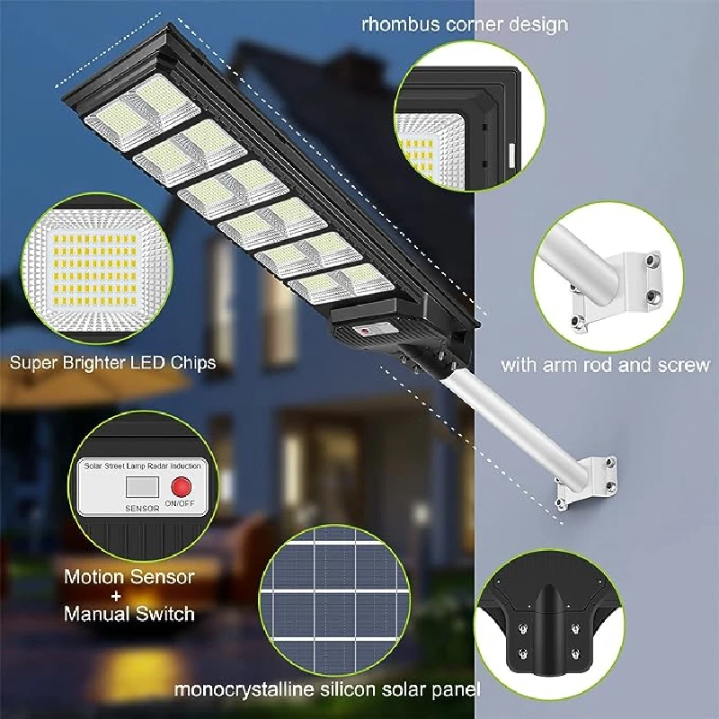 Imagem -04 - Solar Street Light com Sensor de Movimento Lâmpada de Rua Ip65 Impermeável Solar Flood Lights Lote de Estacionamento ao ar Livre Garden Yard Path 1200w