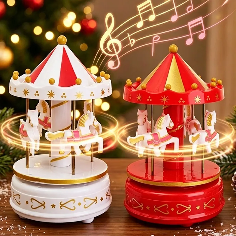 Carousel Music Box Rotating Windup Merry Go Round Musical Horse Figurine for Desktop Ornament Christmas Birthday Gift Home Decor