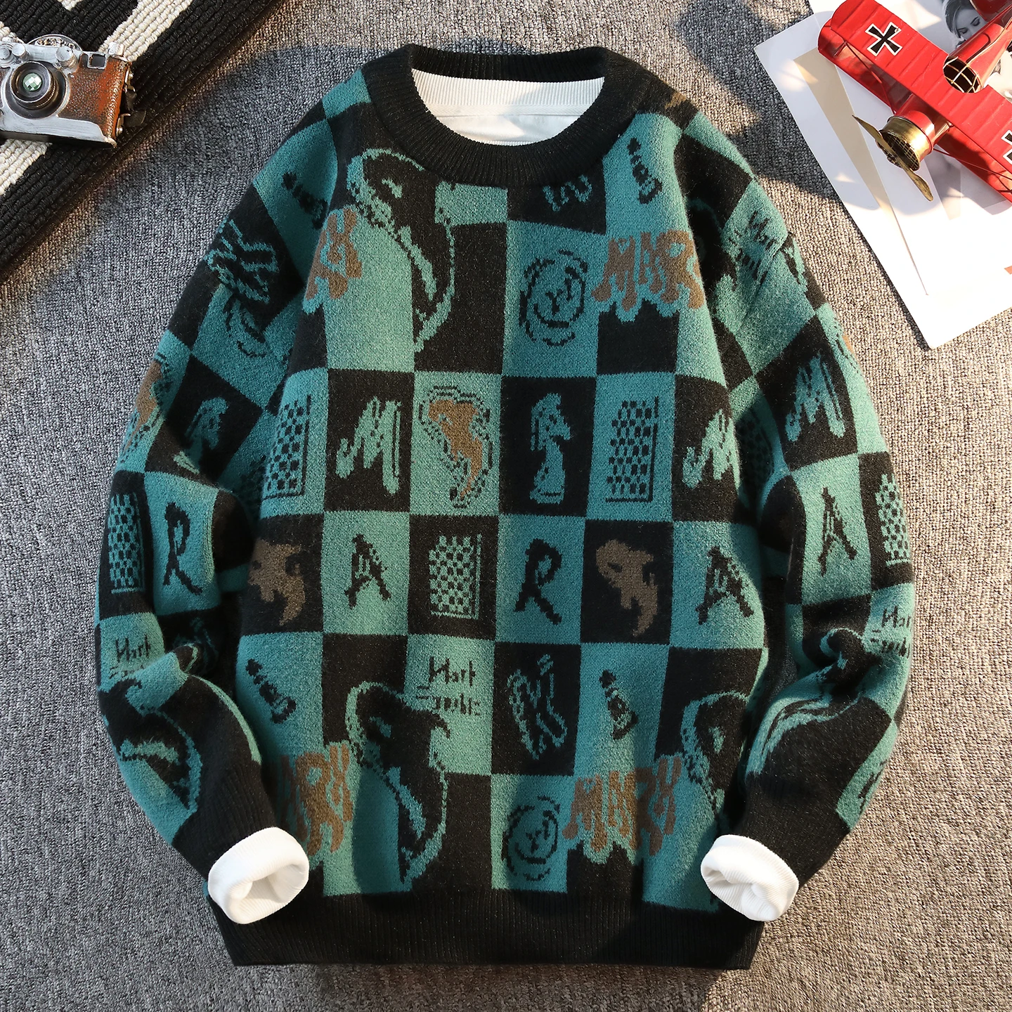 

Осень/зима 202, новый модный тренд высокого качества для молодежи, утолщенный свитер с круглым вырезом с геометрическим рисунком, вязаный базовый свитер