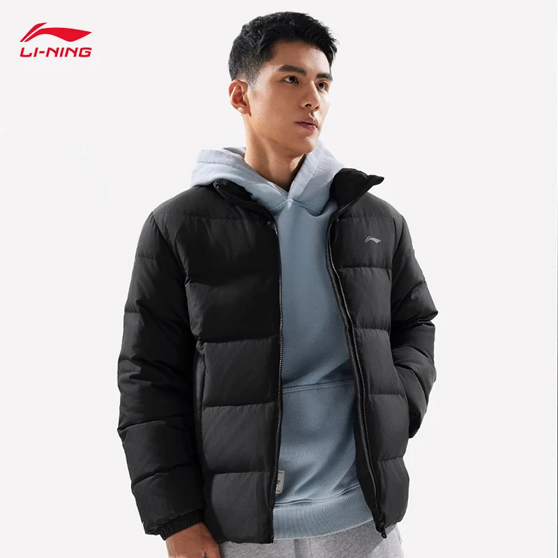 LI-NING Fitness series męska kurtka puchowa z krótkim rękawem LN WATER PROOF, dopasowany krój 3D, zimowa kurtka bawełniana AYMV215