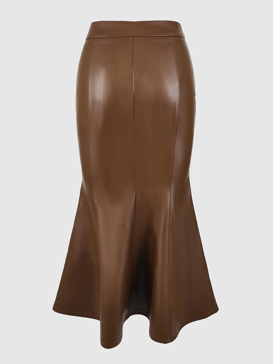 Damen Leder-Midirock Hohe Taille Eleganter Vintage-Meerjungfrauenrock Herbst Winter Braun Schlanker Trompeten-Langrock Bürodamen 2026 – Detail 5