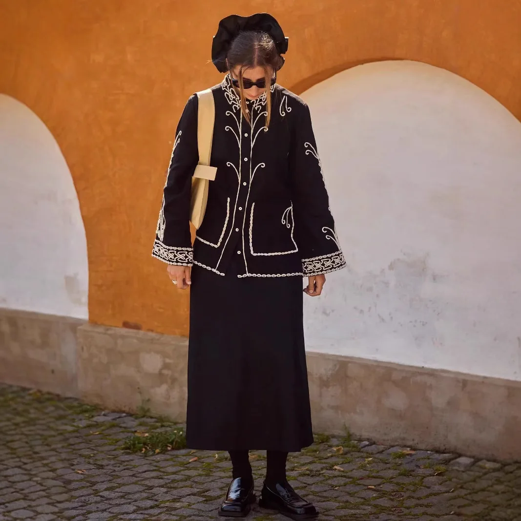 

Autumn Winter Ethnic Sle Embroidered Collar Bell Sve Linen Jaet Long Pants Women's Faion Set Long Sve Turn-down C...