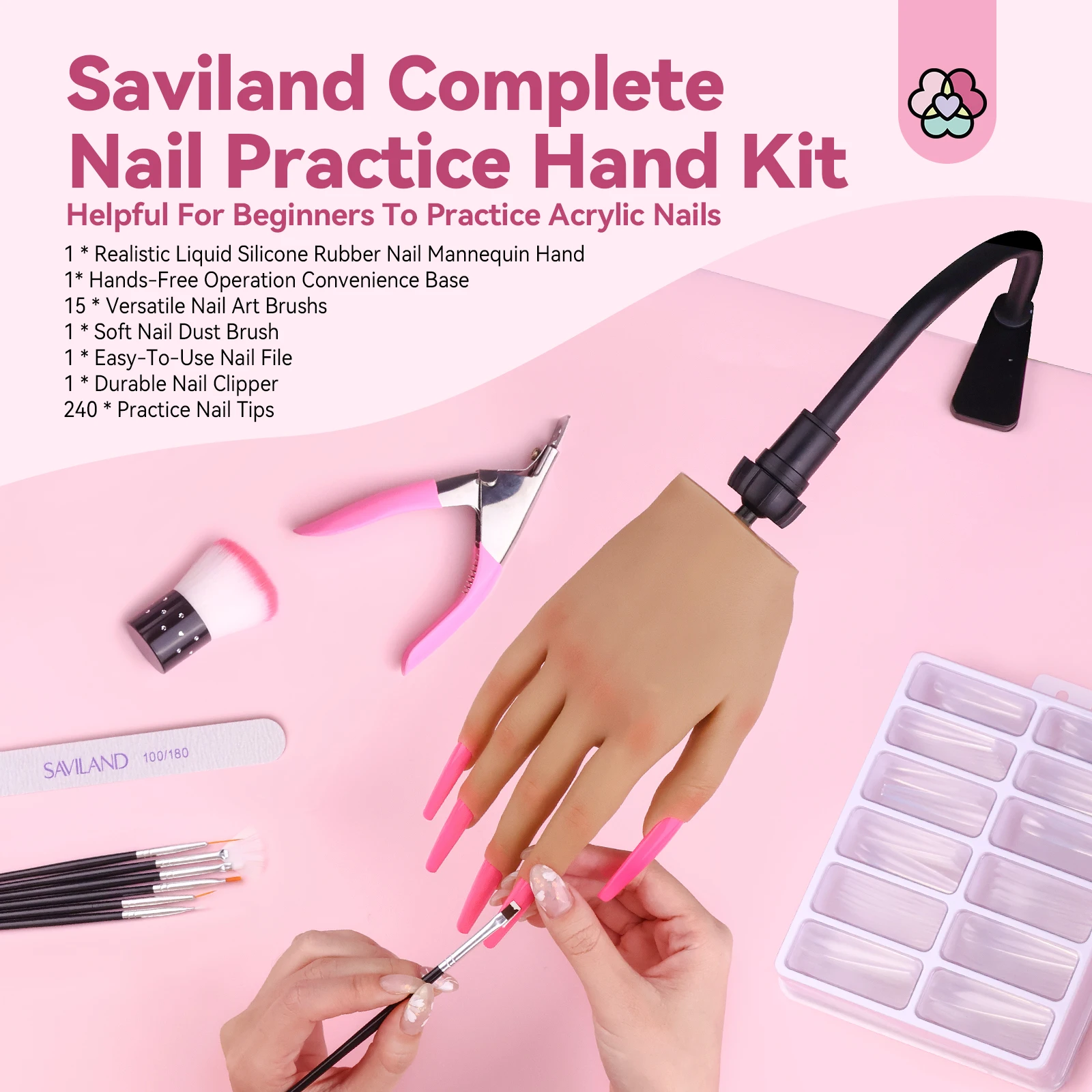 Saviland Practice Hand for Acrylic Nails Elastyczne dłonie do ćwiczeń paznokci do paznokci akrylowych Zestaw pędzli do zdobienia paznokci