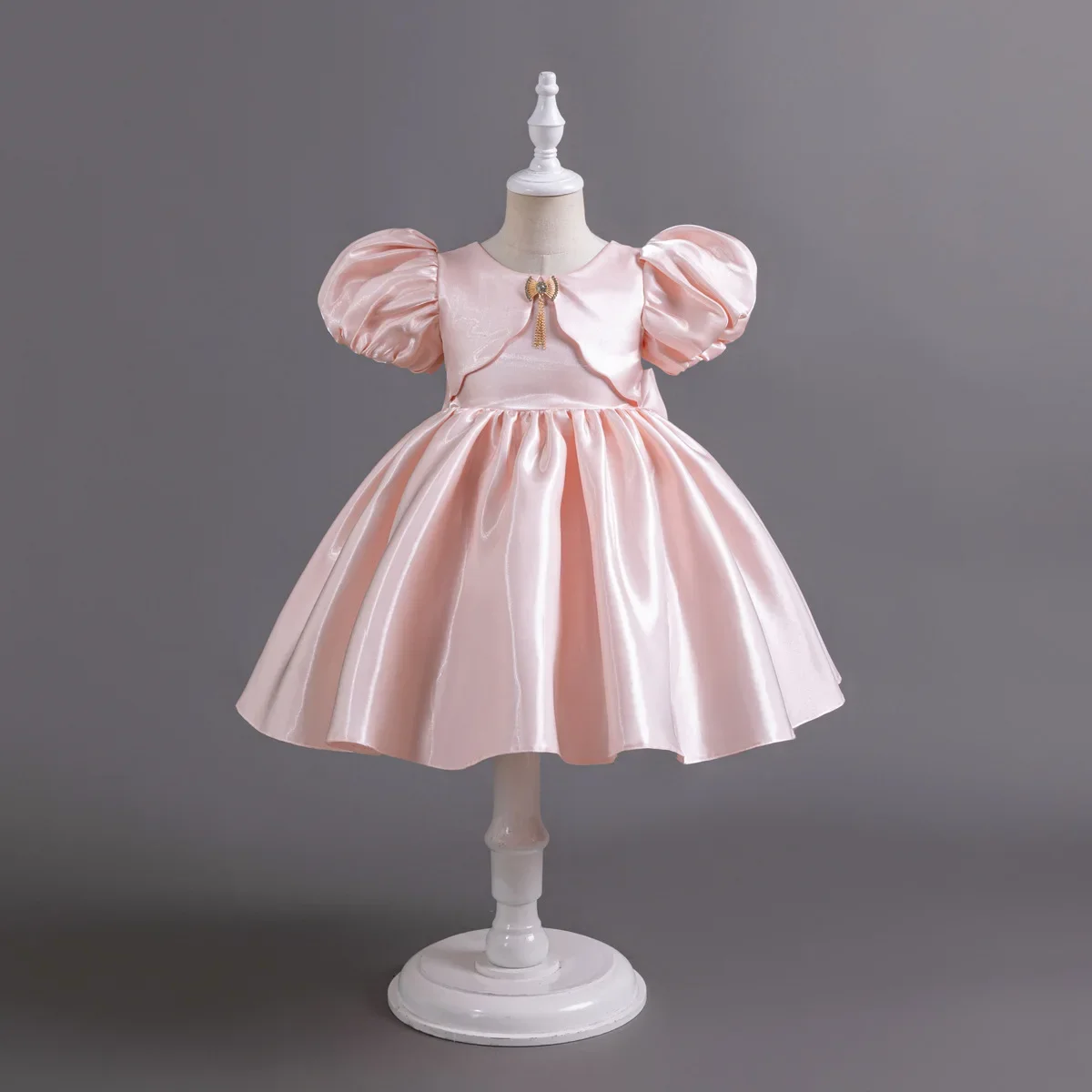 Princess Dress for Girls with Golden Brooch Retro Satin Puff Sleeve Tutu Kids Child Birthday Wedding Party Gown
