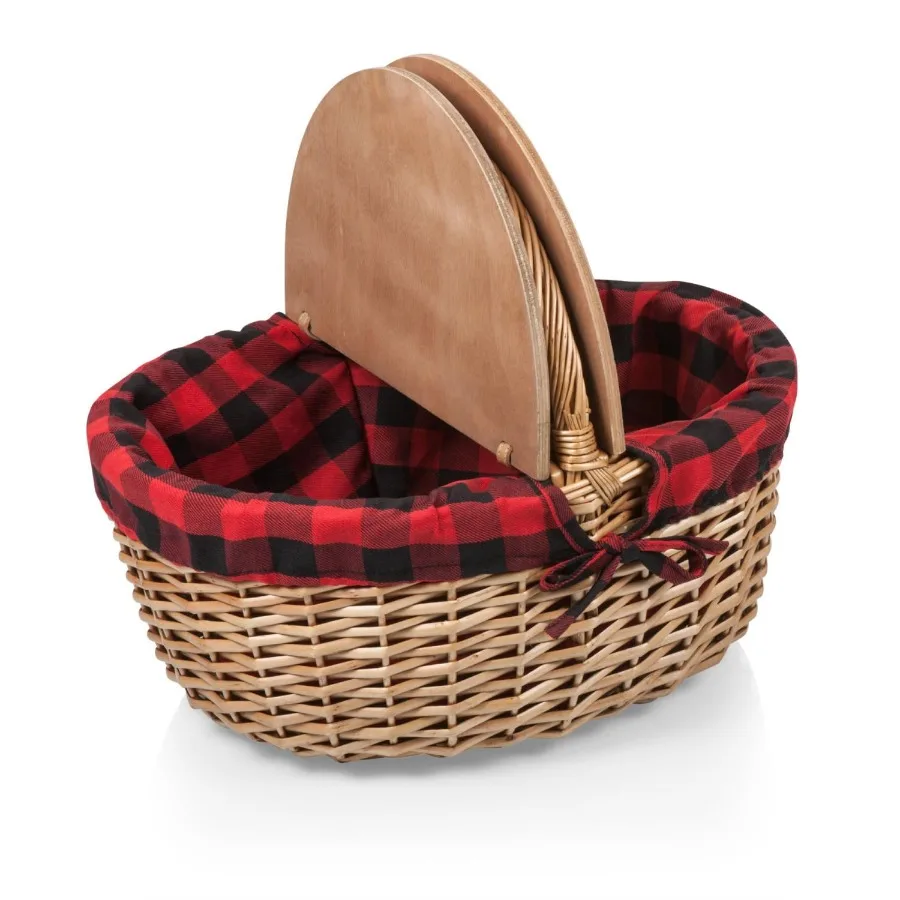 Country Vintage English-Style Wicker Picnic Basket with Split-Lid Design Red and Black Buffalo Plaid Pattern view 3