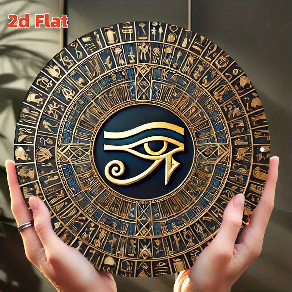 Egyptian Horus Eye Wall Art - 19.81 Inch Gold Metal Sign with Hieroglyphs, Vintage Blue Background, Waterproof Home Decor for Li