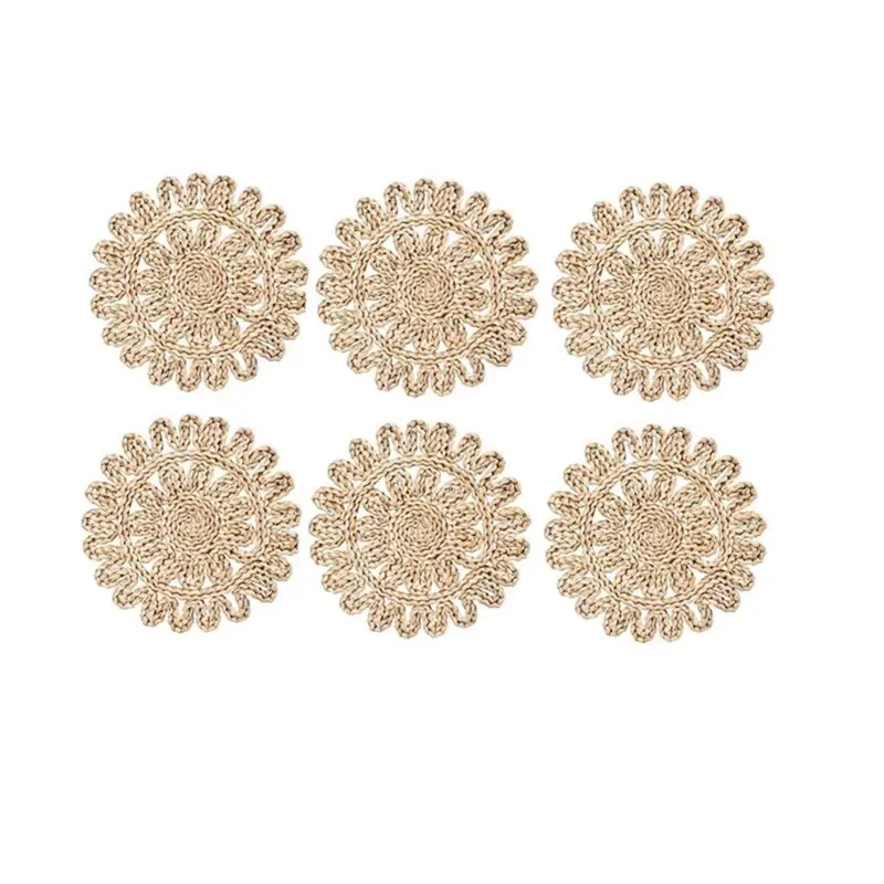A02F-Elegant Boho Farmhouse Woven Corn Husk Placemats- Set Of 6 Ruffled 13.8