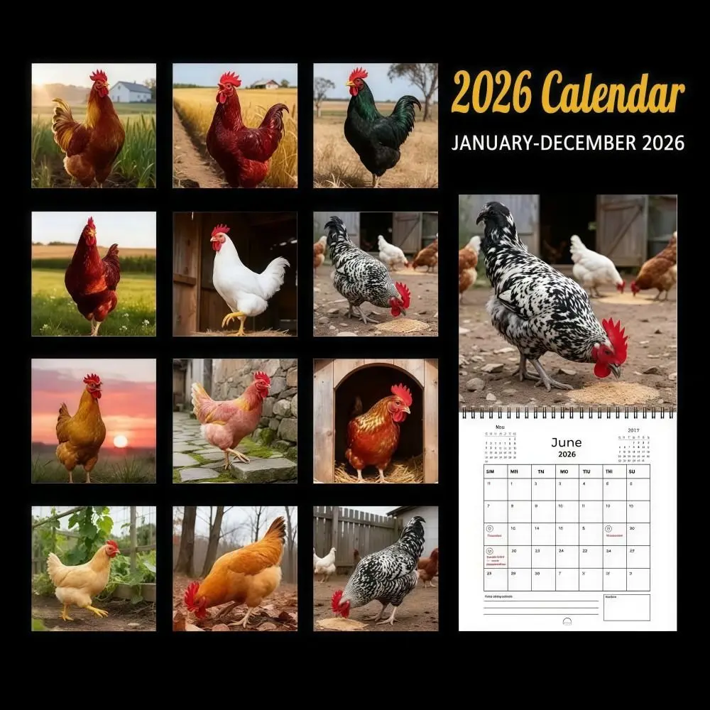 Thickened 2026 Rooster Calendar Spiral Binding Creative Patterns Big Roosters Wall Calendar Double-Sided Pages Cartoon